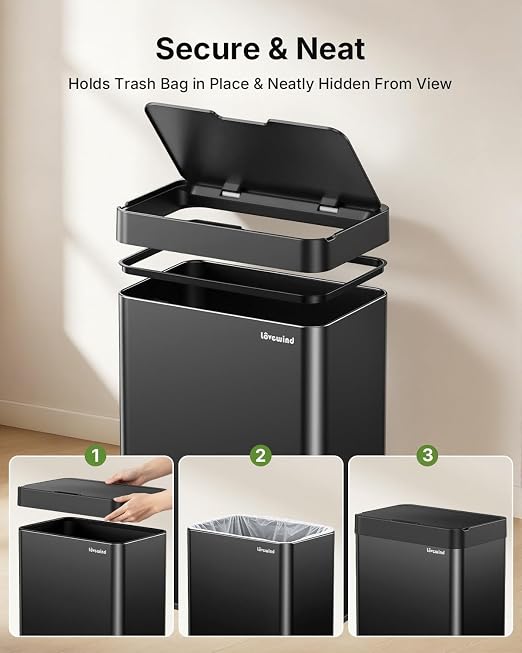 13.2 Gallon Automatic Kitchen Trash Can, Touchless Sensor Garbage Can,Black | Built‑in 1500mAh Rechargeable Battery,Stainless Steel Motion Sensor Trash Can, Silent Close Lid Smart Trash Bin for Home