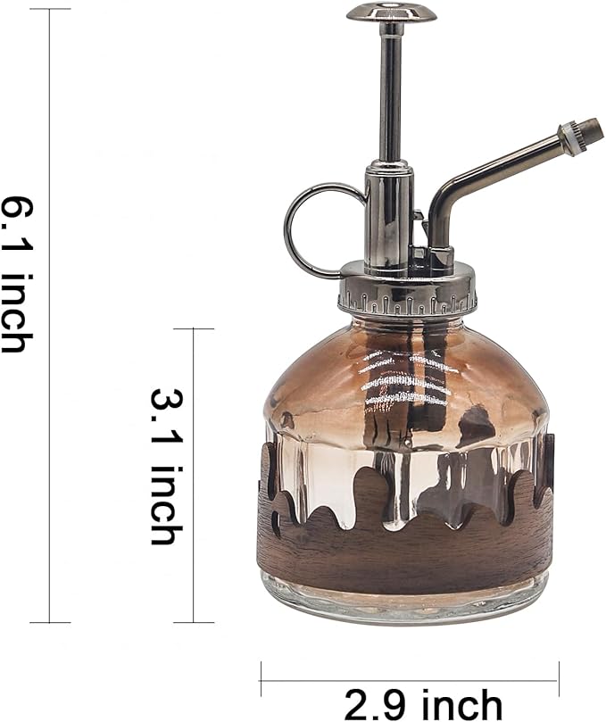 OFFIDIX Glass Plant Mister, Spray Bottle with Vintage Bronze Plastic Pump | Vintage Style Spritzer, Indoor Plant Spray Bottle, 6.3" Tall, 200ml/6.7oz, Small One Hand Watering Can for Garden Cleaning