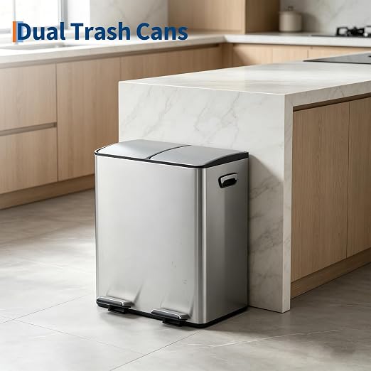 Dual Compartment Trash Can 40L (2x20L), Stainless Steel Recycling Bin with Removable Buckets, Soft Close Odor-Sealing Lid, Collapsible Pedal, Fingerprint Resistant for Home Kitchen or Office