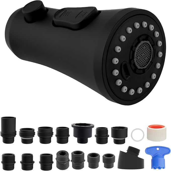 Hibbent Pull Down Kitchen Faucet Head Replacement, 3-Function NSF/ANSI/CAN 61 & CUPC Certified Sink Spray Nozzle, 15 Adapters, Compatible with Moen, Delta, Kohler Faucets, Matte Black