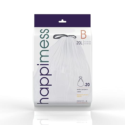 happimess 20-Count Unscented 5.3 Gal Trash Bags, White, Pack of 6 | Kitchen Can Liners, Drawstring, Heavy Duty LDPE Plastic, Tear-Resistant, Recyclable, Custom Fit