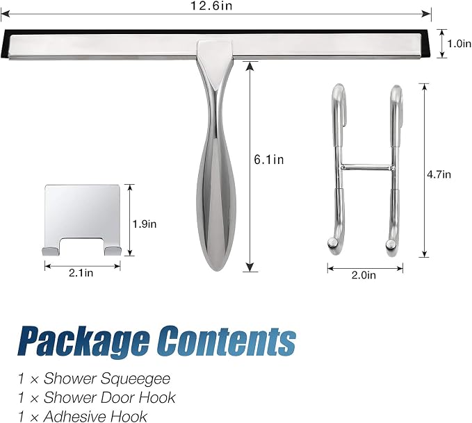 12-Inch Shower Squeegee Set, Includes Shower Door Hook and Adhesive Hook, Squeegee for Shower Doors, Mirror and Window, Silver (Pack of 3)