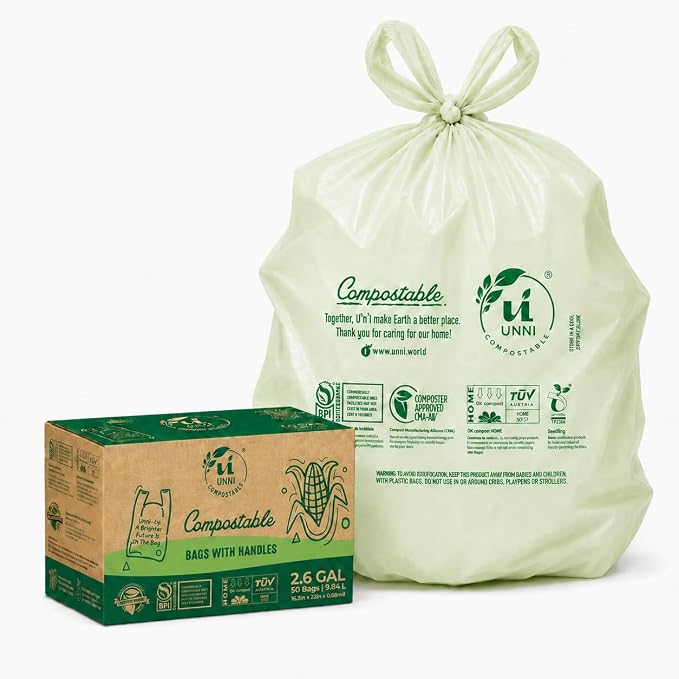 UNNI 2.6 Gallon Compostable Bags with Easy-Tie Handles, 10 Liter, 50 Count | Small Compost Bags for Countertop Bins & Kitchen Food Scraps, Certified by BPI, CMA & OK compost HOME, Meets ASTM D6400