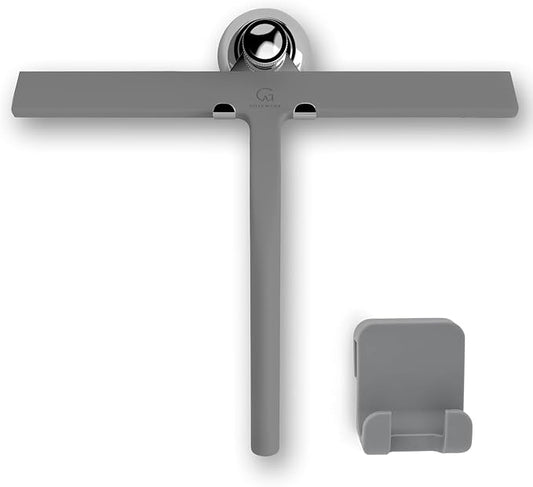 Silicone Shower Squeegee with 3-in-1 No-Drill Mount, Grey, 11'' | Streak-Free & No-Squeak Window Cleaning, Stainless Steel Core, Hook/Suction/Adhesive, Squeegee for Glass Doors & Mirrors