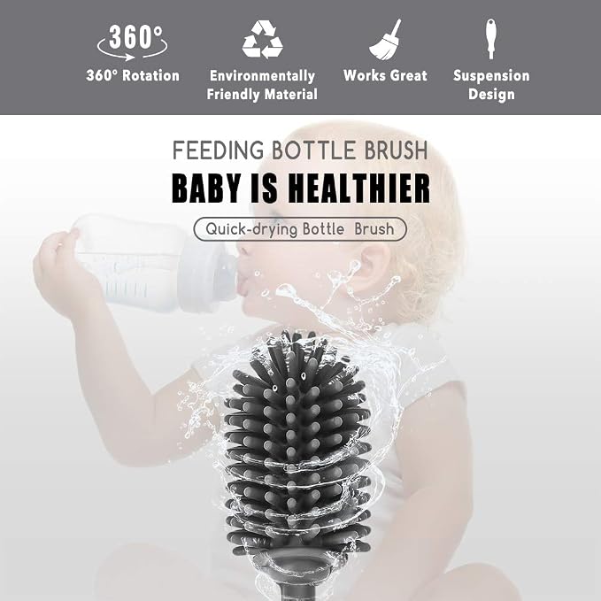 Silicone Bottle Brush with Long Handle, 12.5" Bottle Cleaning Brush, Gray | Water Bottle Cleaner for Baby Bottles, Hydro Flask, Sports Bottle, Vase, Glassware, for Smaller Diameter Bottle Openings