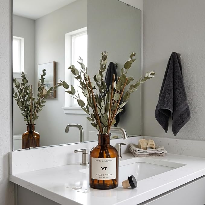 Eucalyptus & Mint Scent Reed Diffuser Set for Bathroom Room Decor | Air Fresheners Oil Diffuser Sticks With Flower | 4.0 fl oz Home Fragrance With Sticks Defusers For House Bedroom Office Shelf