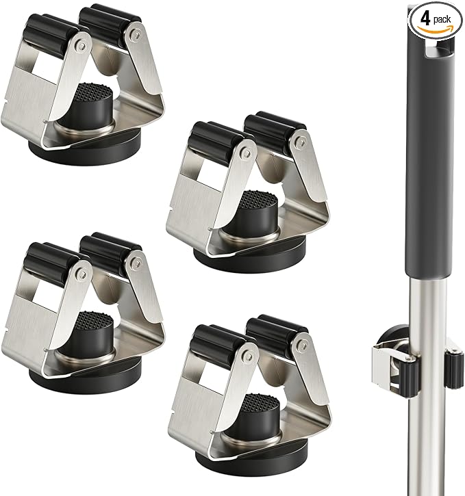 4 Pack Magnetic Mop Broom Holder, Heavy Duty Magnetic Mop Hanger for Refrigerators, Magnetic Mount Mop Broom Holder for Laundry Room Garage Kitchen Workshops Metal Shed