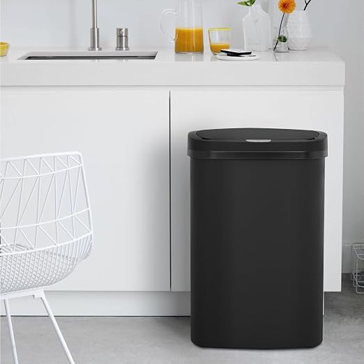 BestOffice | 13 Gallon Plastic Trash Can with Lid | Black | Automatic Touchless Garbage Can | Waterproof & Easy to Clean | For Kitchen, Bathroom, Home or Office | Pack of 1