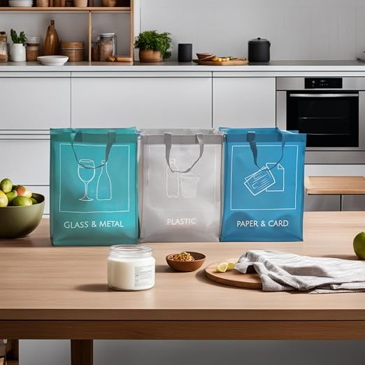 Reusable Recycling Bin Bags, 3-Pack Indoor and Outdoor Separate Waste Sorting Organizer Compartment Container, Waterproof Recycle Bins for Kitchen Home Office