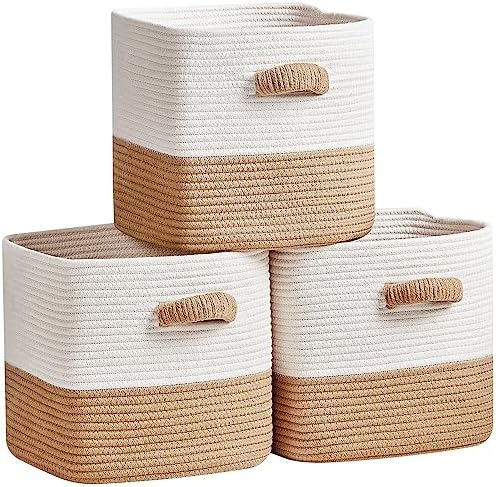 R RUNKA Storage Cube Baskets for Organizing -3 Pack -11 inch Square Baskets for Cube Storage, Closet Storage Bins-Woven Cube Storage Bins for Shelves- Ideal for Toy Storage |White & Khaki