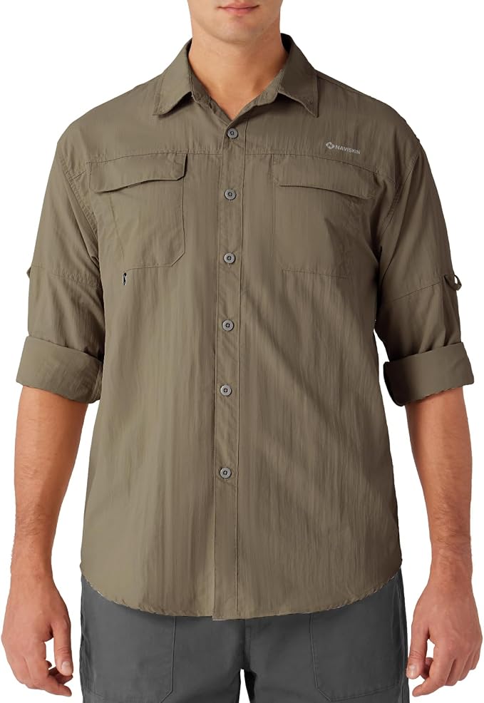 NAVISKIN Men's UPF 50+ Sun Protection Long Sleeve Fishing Shirts | UV Protective, Quick Dry, Vented Back, Utility Pockets, Roll Up Sleeves, Lightweight PFG Shirts For Hiking Camping Safari
