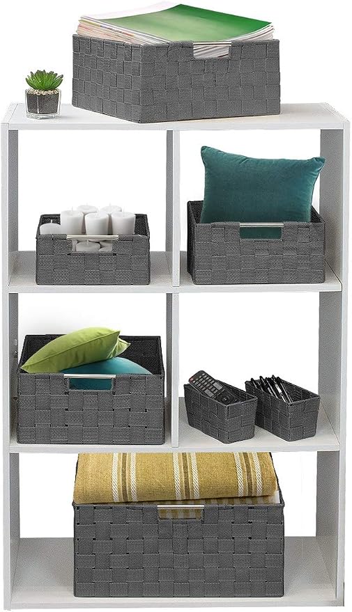 Sorbus Baskets for Organizing, 7-Piece Hand-Woven Storage Set (Grey) | Mesh organizers with handles keep linens and accessories sorted on closet shelves; seven-piece variety fits many spaces.