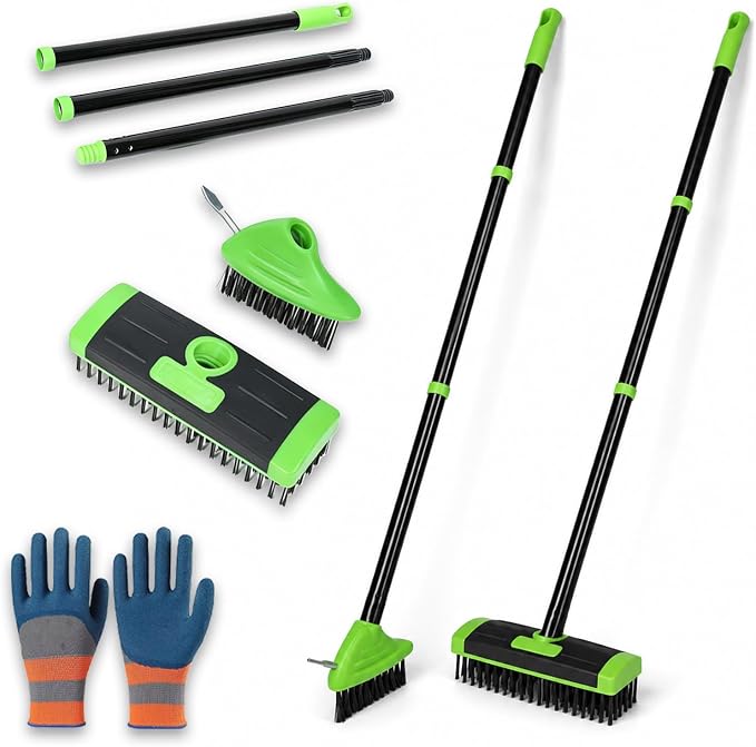 3-in-1 Weed Brush Combo Set with Long Handle, Deck Scrub Brush for Patio, Driveway & Walkway, Crack Cleaning Brush with Wire Bristles and Hook Tool for Pavers, Stone Joints Outdoor (Green)