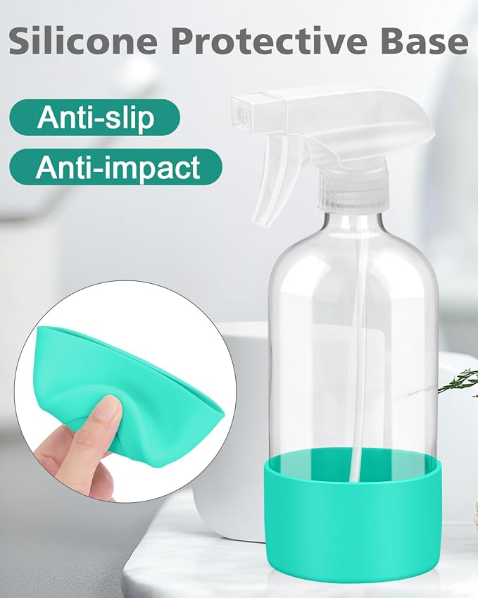 Glass Spray Bottles for Cleaning - 16 oz Spray Bottles with Silicone Sleeve | Adjustable Nozzle, Refillable, Mist&Steam, Leak-proof, Anti-slip, Spray Bottles for Hair, Cleaning Solutions, Plants, Green
