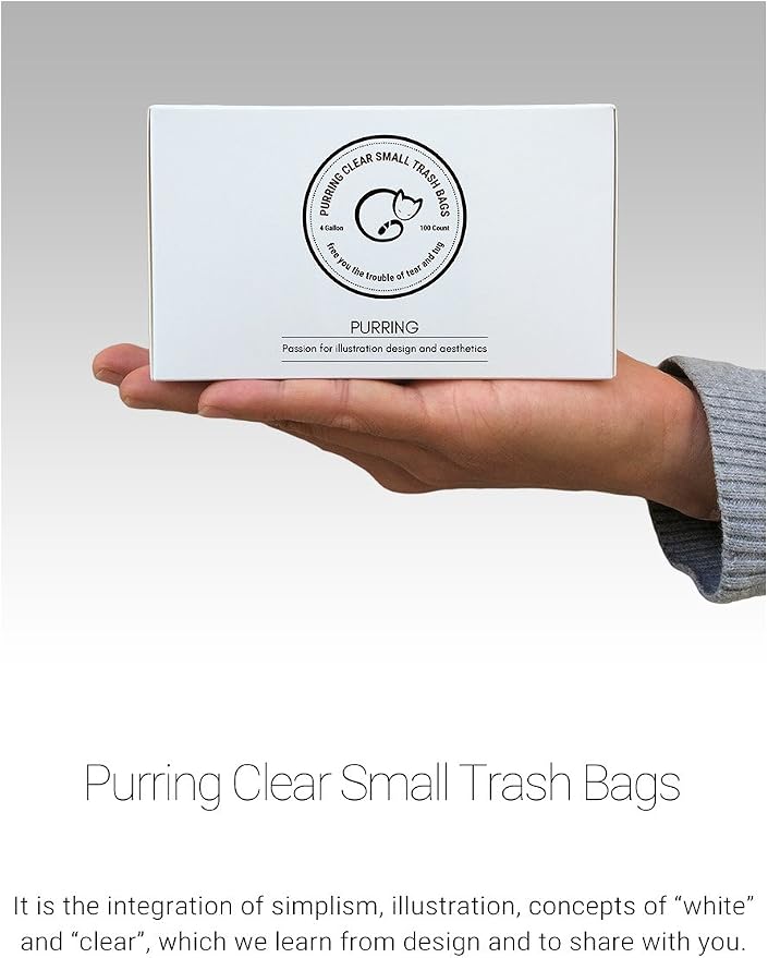Purring Clear Small Trash Bags with Simple-illustration Aesthetic Drawing, 4 Gallon Garbage Bags with Quick-dispense, 100 Count