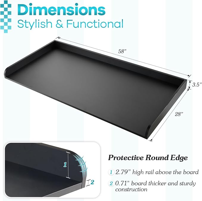 Washer Dryer Countertop 58" x 28" Extra Large Version, Melamine Countertop with 3.5" Edge Rails, Laundry Room Organization, Black