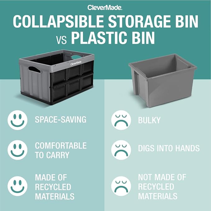 CleverMade Collapsible Storage Bins - Ocean 3 Pack 62L / 16 Gal holds 100 lbs - Stackable Containers Heavy Duty Capacity Crates-Space-Saving | Haul Bulk Groceries and Oversized Gear in Fewer Trips | Each Bin Holds 100 lb, Stacks Securely, and Folds to ...