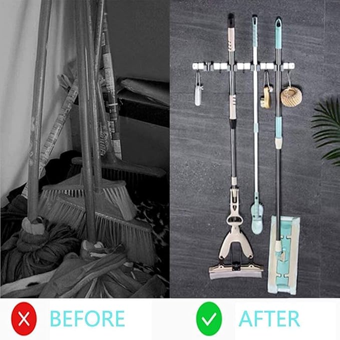 Broom Mop Holder Wall Mount Tool Hanger Organizer (4 Racks 5 Hooks) | Stainless Steel，for Home, Kitchen, Garage, Garden, Laundry Room, Bathroom Organization and Storage
