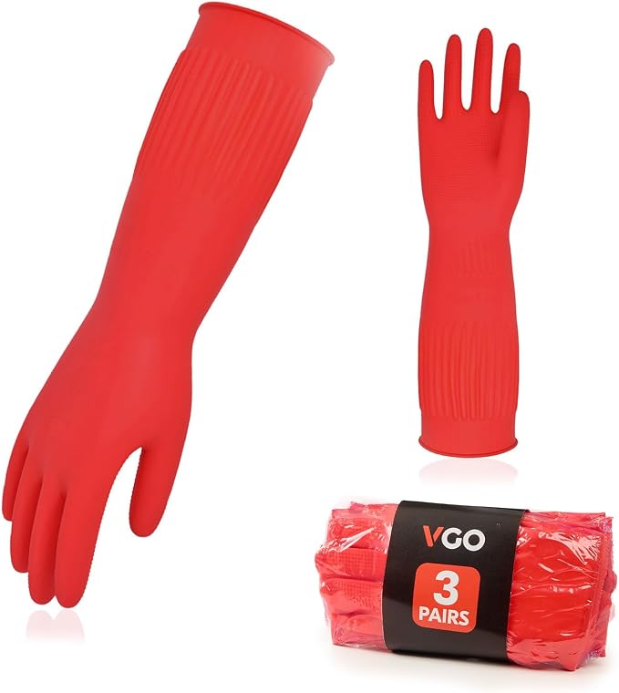 Vgo... Latex Reusable Cleaning Gloves,Long Sleeve Kitchen Gloves(RB2143) | 20cm long sleeve,extra thick,dishwashing,household,painting,gardening,pet care,car washing,bathroom,hair dyeing