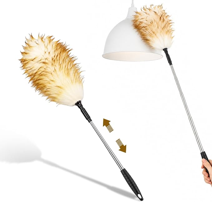 Lambswool Extendable Cleaning Duster 26-54 Inch, Stainless Steel Pole, Soft Non-Slip Handle, Washable & Reusable for High Ceiling Fans, Blinds, Furniture - Yellow & White