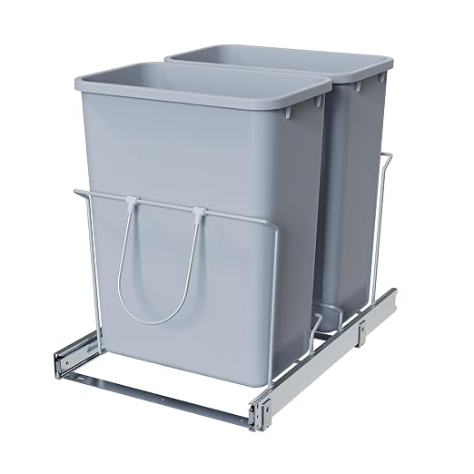 Double Pull-Out Trash Can, 35QT Under-Cabinet Kitchen Bin, Metal Frame, Grey, Fits Above 18” Opening Cabinets
