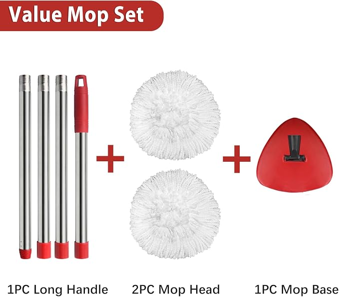 Spin Mop Replacement Set Compatible with OCedar EasyWring 1-Tank | Include 2 Spin Mop Head Replacement, 1 Base, 1 Mop Handle (30-58in) Combo Microfiber Mops Set Floor Cleaning (1-Tank System)