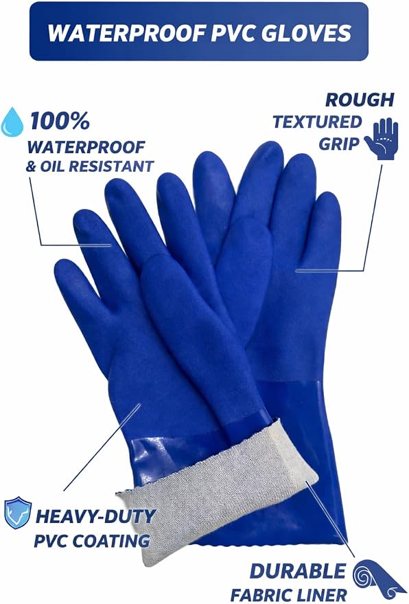 Waterproof PVC Work Gloves – Heavy Duty Textured Grip, Long Cuff PPE for Crabbing, Fishing & Cleaning