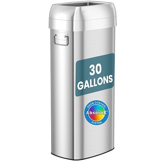 iTouchless 30 Gallon 114L Oval Open Top Stainless Steel Extra-Large Commercial Trash Can with Wheels, 2 AbsorbX Odor Filters | ADA Compliant Bin for Restaurant Restroom Hotel Office Healthcare Retail