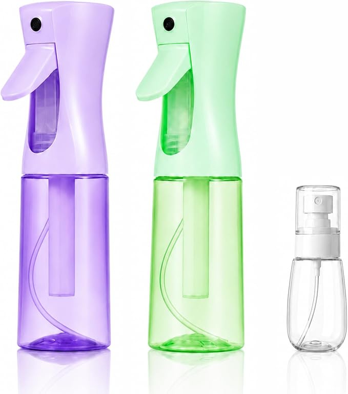 3 PCS Spray Bottles, 2-Pack Continuous Spray Bottles,Fine Water Mist Spray Bottles for Hair 6.8 OZ (200 ML) and 1oz 30ml Travel Spray Bottle Mister (Purple+Green)