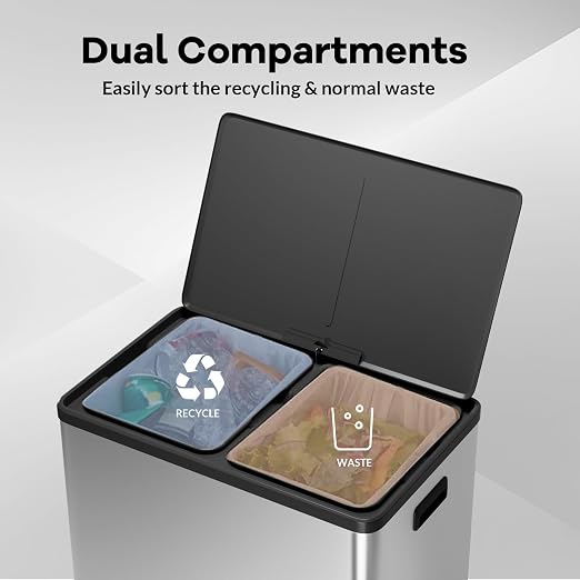 GarveeHome 16Gal Dual Trash Can & Recycle Bin, Stainless Steel Kitchen | Hands-Free Step Pedal, Silent Soft-Close Lid, Fingerprint-Resistant Brushed Steel, 2 Removable Inner Buckets