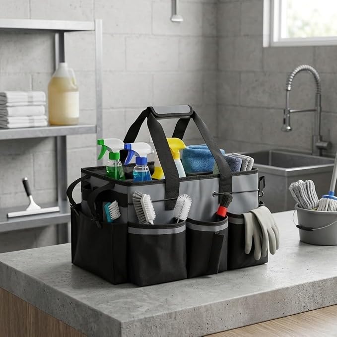 Large Cleaning Caddy Bag with Removable Divider - 600D Oxford Storage Organizer for Supplies, Tools, Spray Bottles - Portable Tote for Housekeeping, Gardening, Car Trunk - Black 14x10x9 Inch(Dark Gray)