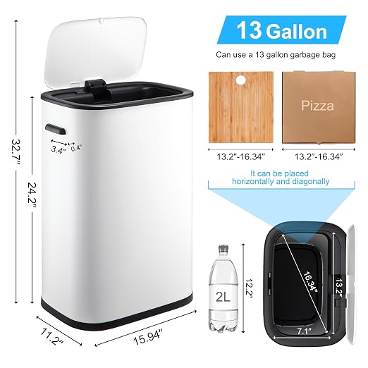TrailBlaze White 13 Gal Automatic Motion Sensor Trash Can with Lid, 50L Smart Trash Can Waste Basket for Kitchen, Office, Bedroom, Bathroom