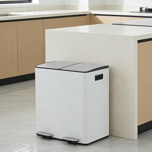 Dual Compartment Trash Can 40L (2x20L), Stainless Steel Recycling Bin with Removable Buckets, Soft Close Odor-Sealing Lid, Collapsible Pedal, Fingerprint Resistant for Home Kitchen or Office