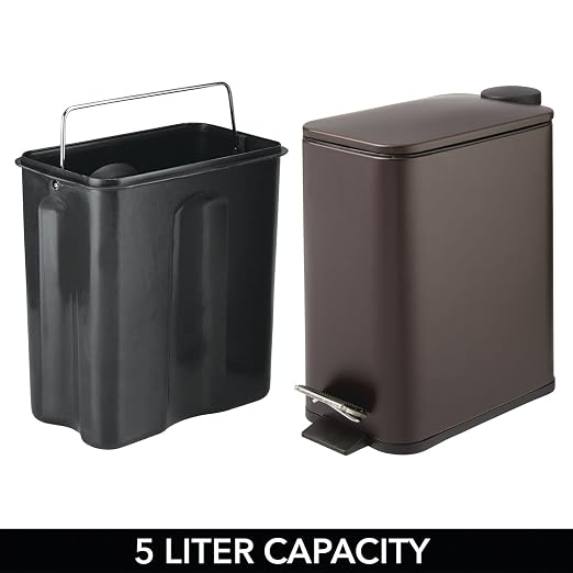 mDesign Rectangular Pedal Bin – 5 L Metal Waste Bin with Pedal, Lid and Plastic Bucket Insert – Household Rubbish Bin for Bathroom, Kitchen and Office – Bronze
