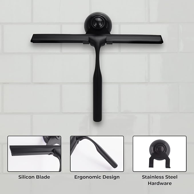Matte Black Shower Squeegee for Glass Doors with Adhesive Hooks, Squeegee for Shower Glass, Cleaner Tool for Bathroom Household Window Mirror Tile Wall Car, 10 Inch Black