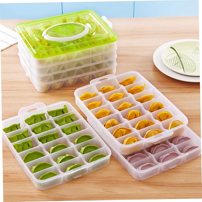 Portable Dumpling Storage Box Four Layers 18 Slots PP Organizer | Stackable Trays with Two Buckles Each, Handle for Carrying, Green Simple Design for Camping and Housekeeping