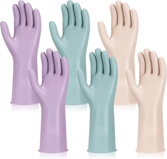 LoveBB 6 Pairs Rubber Cleaning Gloves, Reusable Dishwashing Gloves Non-Slip Kitchen Gloves for Washing Dishes & Household Cleaning- Pink Blue Purple (Medium)