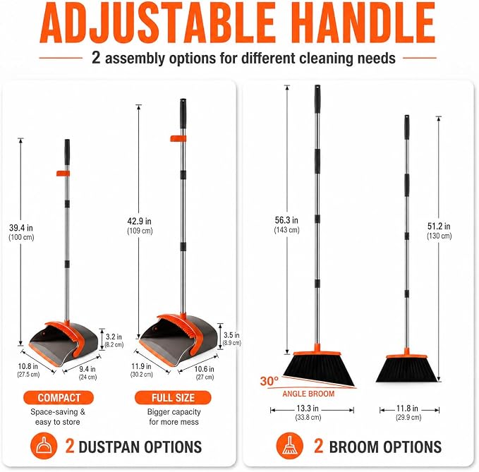 Broom and Dustpan Set, Upgraded Broom with Dustpan Combo Set with 56" Tall Adjustable Handle, Self-Cleaning Teeth, Upright Standing Dust Pan for Heavy Duty Indoor Outdoor Cleaning and Pet Hair