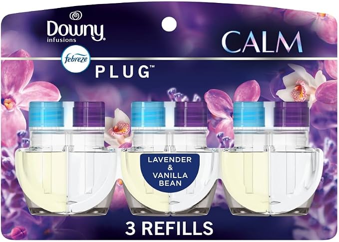 Febreze Plug In Air Freshener, Odor-Fighting Scented Oil Refill, Downy Calm Scent, 3 Refills