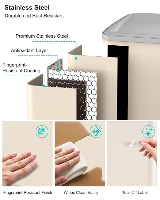 Dual Trash and Recycling Bins for Kitchen, 19+8 Gallon (72+30L) Stainless Steel Trash and Recycle Bin Combo with Soft-Close Lid, Large Garbage Cans for Kitchen Home with 2 Magnets Sticker, Apricot
