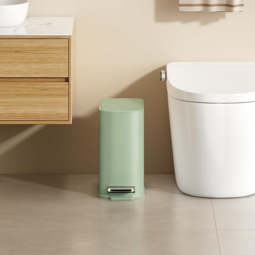 TIPGO Small Bathroom Trash Can with Lid Soft Close,1.3 Gallon, Green | Step Pedal, Removable Inner Bucket, 5 Liter Slim Stainless Steel Garbage Can for Bedroom, Office, Kitchen