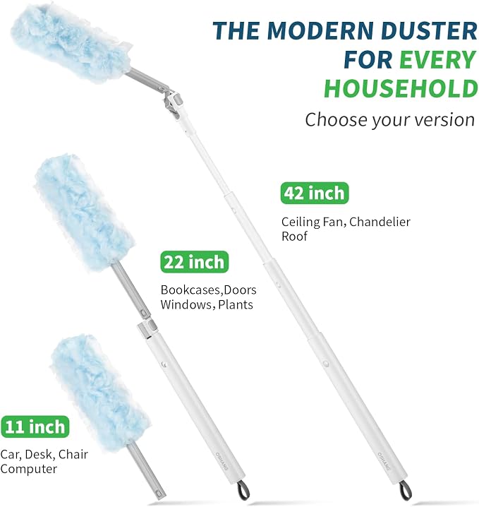 oshang Disposable Heavy Duty Duster Refills, 12 Pack | 43" Extendable Handle, Compatible with Swiffer, For Ceiling Fans, Blinds, Furniture, High Corners