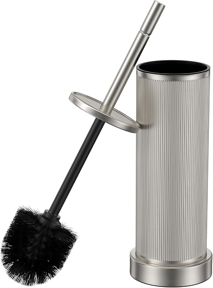 Metal Vertical Grain Toilet Bowl Brush and Holder Set Scrubber Nickel | Extra Long Handle with Splash Guard Cover, Bathroom Space-Saving, Heavy Durable Deep Cleaning, Cleaner Sets for Apartments