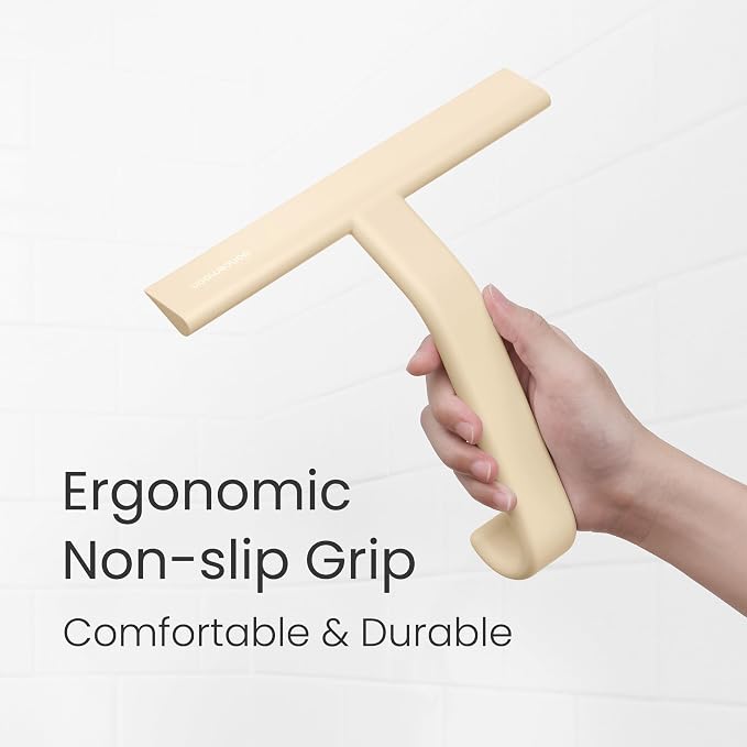 JustHang Shower Squeegee with Built-in Hook, 10'' Sand Beige | Award-Winning Design, All-One-Piece Soft-Touch Silicone, for Glass Door, Bathroom, Window, Mirror, Tile Wall, Car