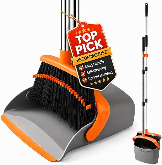 Broom and Dustpan Set, Upgraded Broom with Dustpan Combo Set with 56" Tall Adjustable Handle, Self-Cleaning Teeth, Upright Standing Dust Pan for Heavy Duty Indoor Outdoor Cleaning and Pet Hair