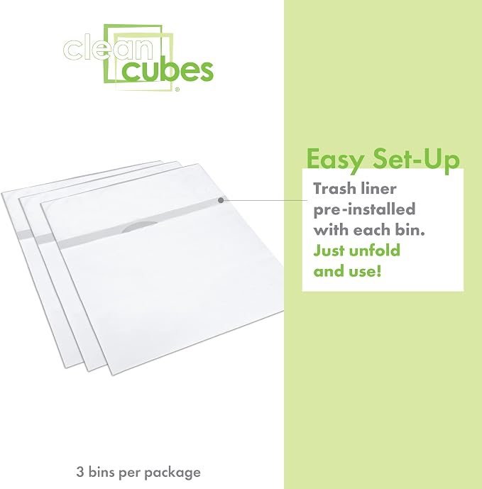 Clean Cubes 13 Gallon Disposable Pop-Up Trash Cans, 3-Pack (White) | Extra Trash Space for Parties and Events, No Assembly Required, Built-In Liner, Wire-Reinforced Opening Stays Fully Open