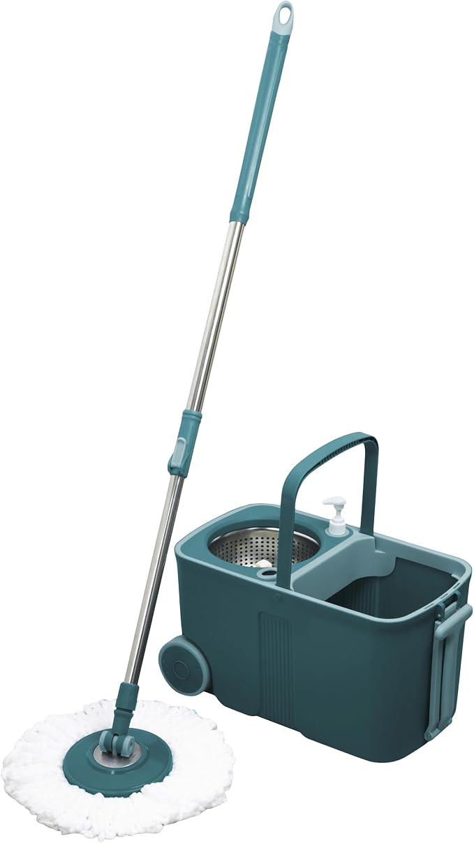 Spin Mop and Bucket System 11L with 2 Replacement Mop Heads, Hands-Free Wringer, Stainless Steel Adjustable Handle, Safe for All Indoor Floors, Grey and Blue