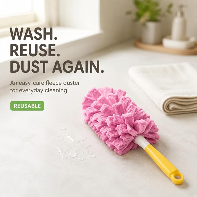 4 Pcs Reusable Duster Refills for Swiffer, Washable Fleece Duster with Handle, 360° Cleaning, Electrostatic Pads for Home, Window, Car, Fans