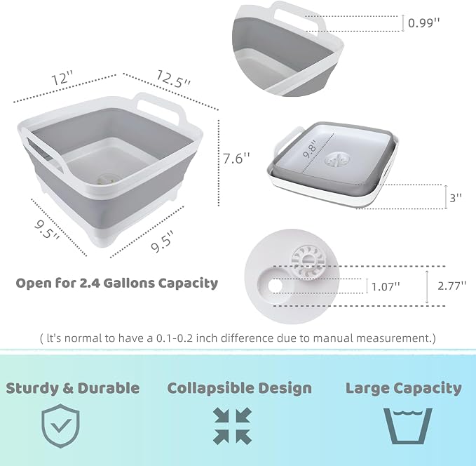 GIMWA Collapsible Wash Basin with Drain Plug - 2.4 Gallon Foldable Kitchen Sink for Baby Bottles, RV Camping, Space-Saving Dish Tub (Gray-Gray)