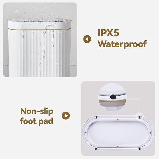 Bathroom Trash Can with lid 2.5 Gallon Motion Sensor White and Golden | Slim Wastebasket, Automatic Trash Bin Bathroom Decor for Bedroom and Office